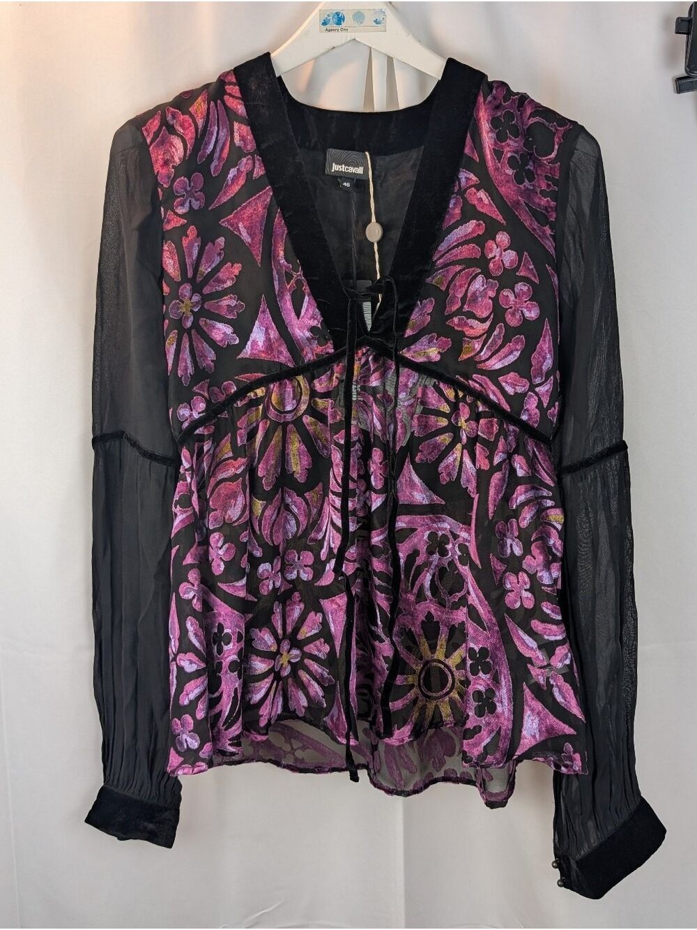 Just Cavalli Purple Floral Mesh Blouse Velvet Trim Tie Front Y2K size 10(46) BNW